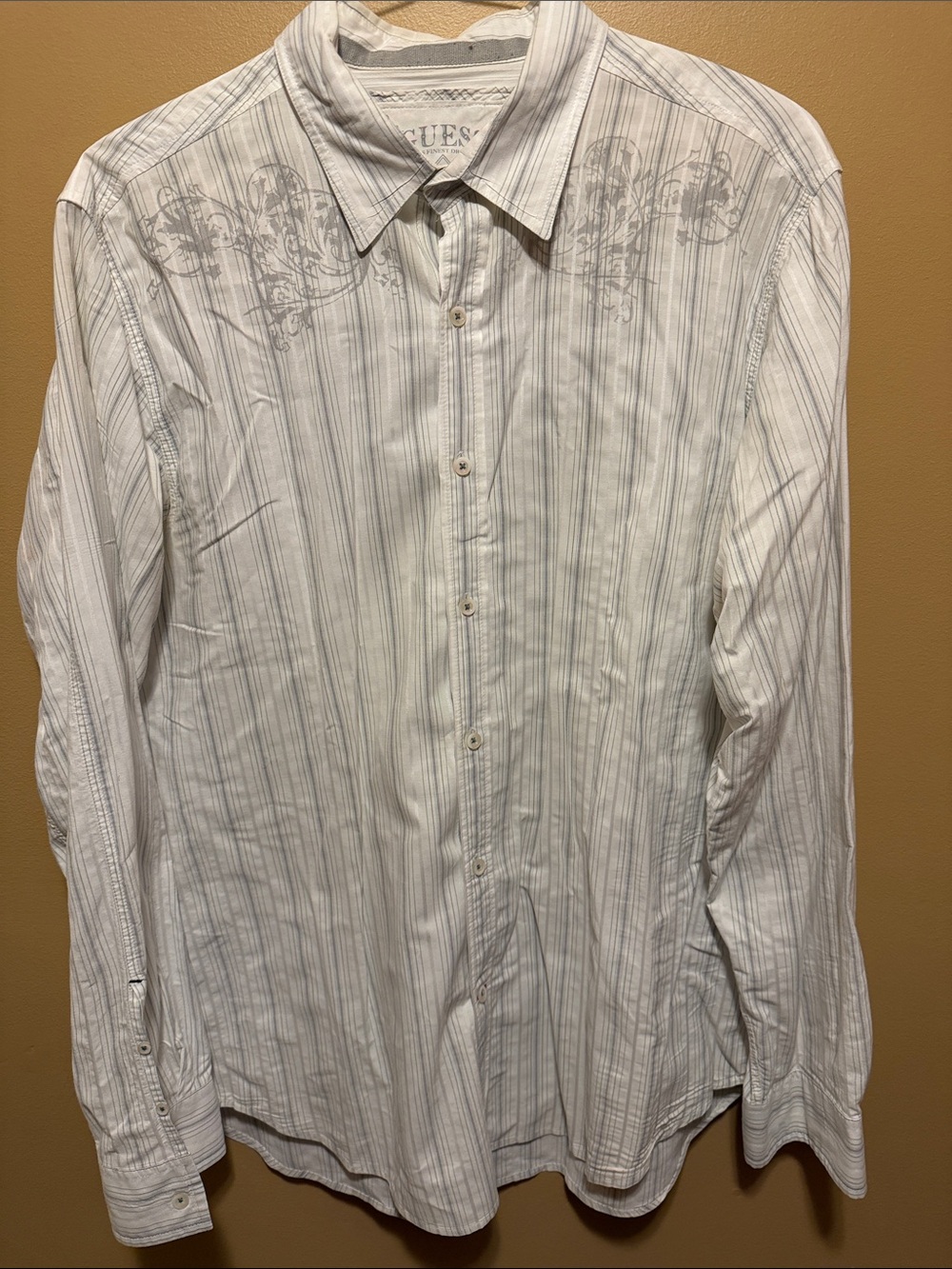 Guess Men's White Button-Down Shirt with Subtle Gray Stripe & Shoulder Print